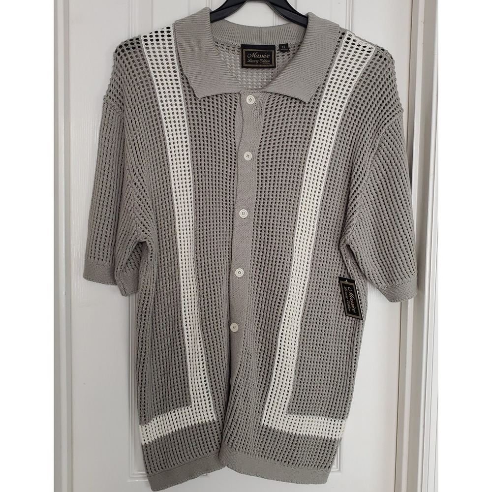 Massive Luxury Edition Polo Shirt Grey White Mesh Knit Button Up XL